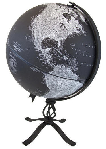 Black world globe on metal base