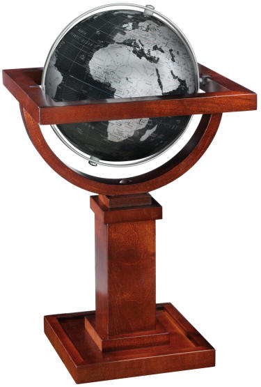 Small black world globe on wood pedestal 