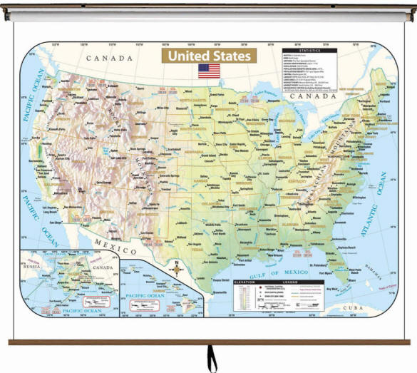 United States Shaded Relief Classroom Pull Down Wall Map