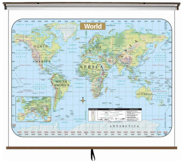 world wall map pull down shaded relief