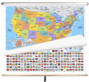 USA map on a roll-up display, highlighting continents, countries, and flags for educational and navigation purposes, ideal for classrooms, offices, or travel planning