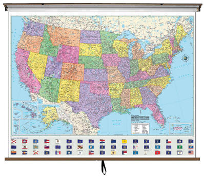 map mounted on spring roller with backboard