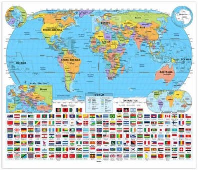 World Primary Wall Map with flags