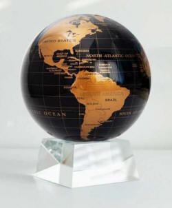 Black oceans self rotating world globe with gold continents on crystal base