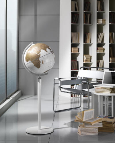 Vasco De Gamma White World Globe on a White Stand in library